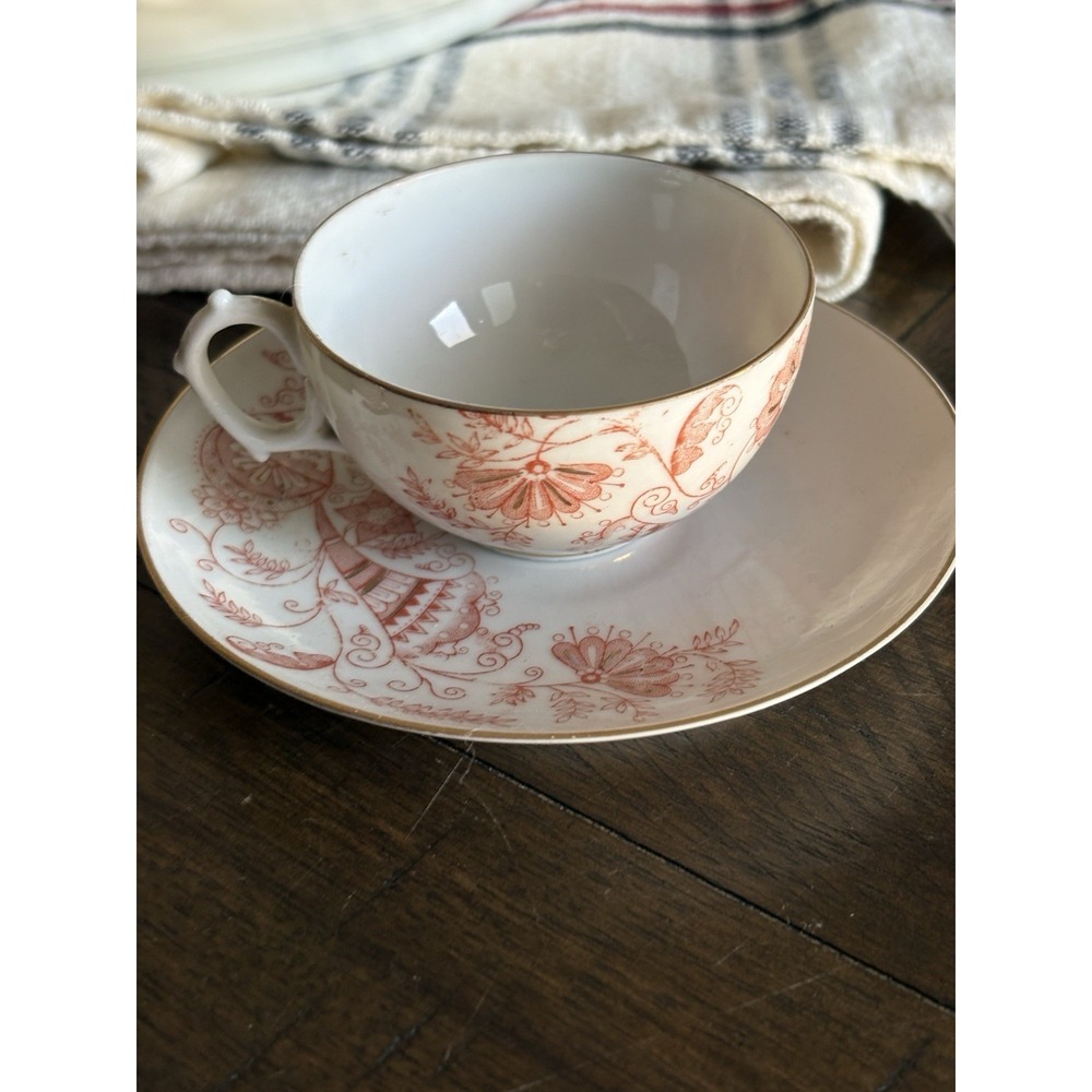 VTG Antique French Demitasse Teacup‎ Saucer Rust White Delicate Marked Ornate